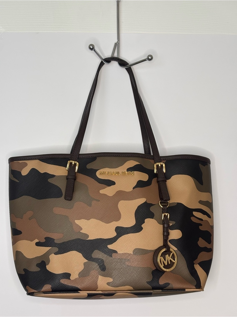 Michael Kors Brown Tan Camouflage Tote with MK Pendant Medium size, pre loved